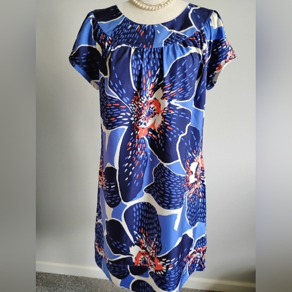 Victor Alfaro 100% Silk Navy Blue Floral Shift Dress Colorful Day Evening Sz 10 - Picture 3 of 16